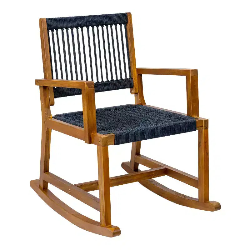 JONATHAN Y Laguna Coastal Casual 352-LBS Support Acacia Wood and Woven Rope Outdoor Rocking Chair