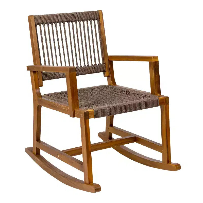 JONATHAN Y Laguna Coastal Casual 352-LBS Support Acacia Wood and Woven Rope Outdoor Rocking Chair