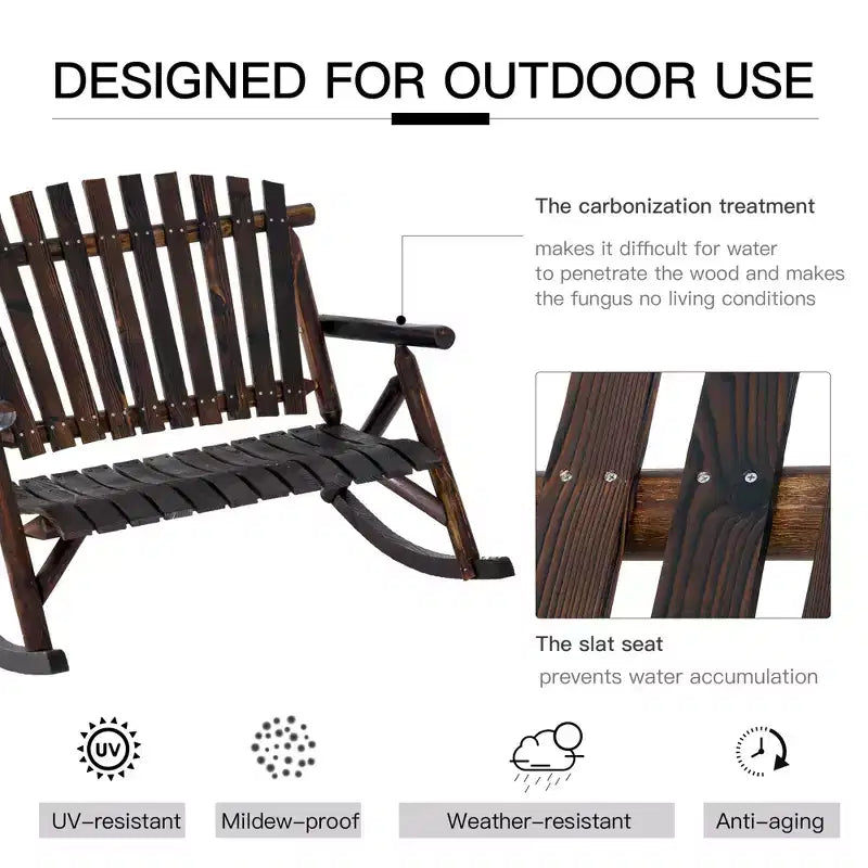 Sedia a Dondolo Adirondack Doppia in Legno per Interni ed Esterni, con Schienale Alto a Doghe per Giardino e Patio