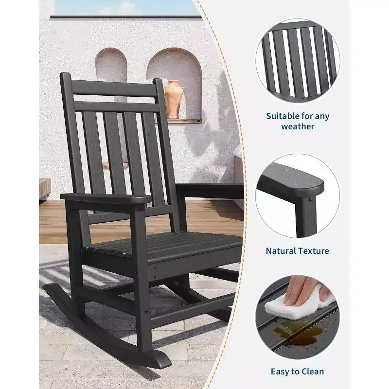 All-Weather HDPE Poly Lumber Adirondack Rocking Chairs Set of 4, High Back Patio Porch Rockers, Low Maintenance, Black