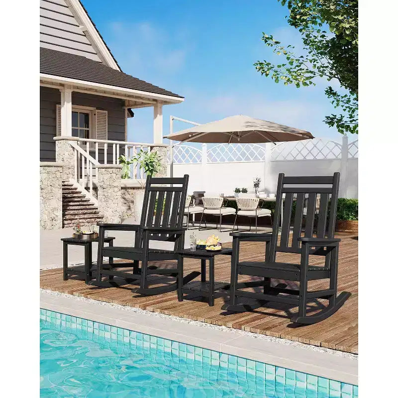 All-Weather HDPE Poly Lumber Adirondack Rocking Chairs Set of 4, High Back Patio Porch Rockers, Low Maintenance, Black