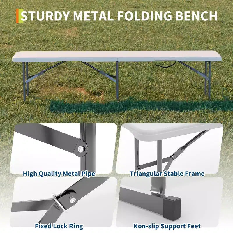 6 FT HDPE Folding Bench 2 Pack, Portable Camping Dining Seat, Metal Frame, Multipurpose for Indoor/Outdoor Party Patio