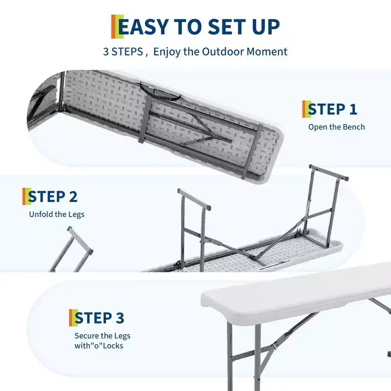 6 FT HDPE Folding Bench 2 Pack, Portable Camping Dining Seat, Metal Frame, Multipurpose for Indoor/Outdoor Party Patio