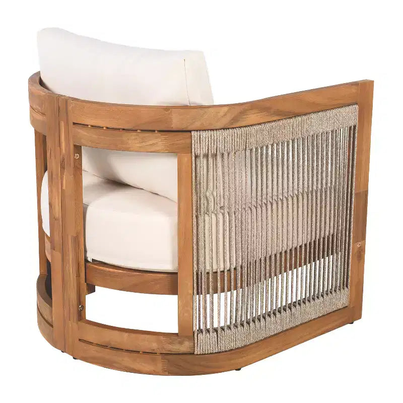 Acacia Wood Outdoor Club Chair with Curved Tub Design, Woven Rope Accents, Water-Resistant Cushions, Slat Construction for Patio or Garden