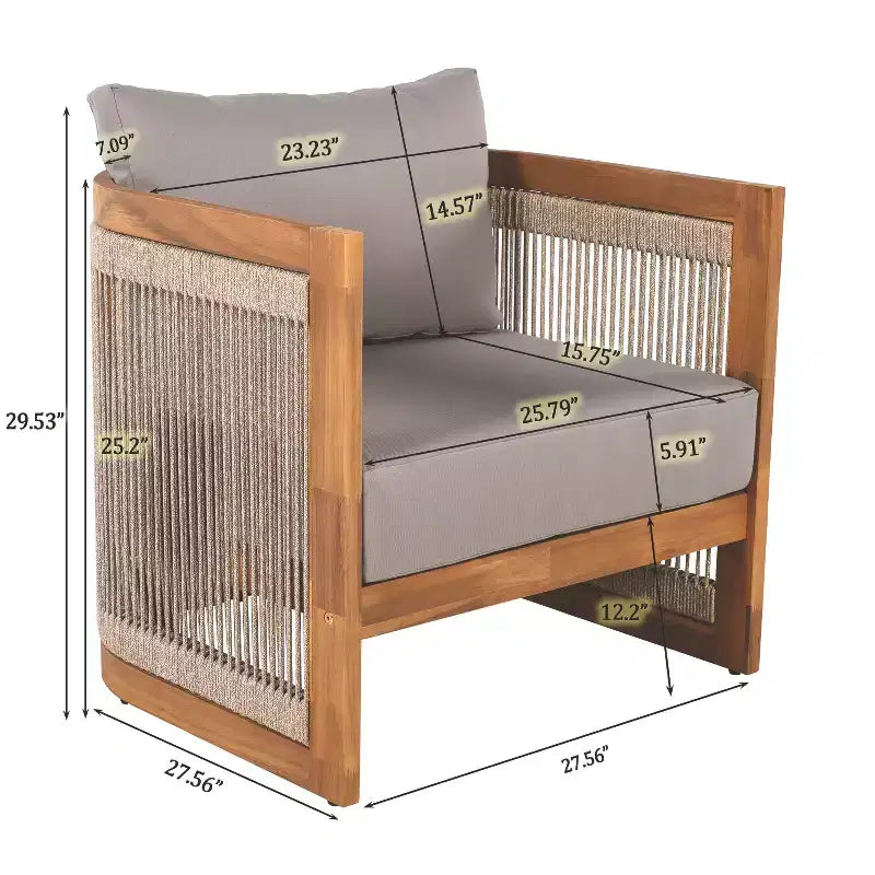Acacia Wood Outdoor Club Chair with Curved Tub Design, Woven Rope Accents, Water-Resistant Cushions, Slat Construction for Patio or Garden