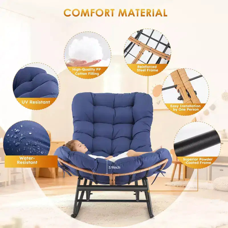 Acekool Rattan Rocking Chair with Footrest, Detachable Thick Cushion, Reading Chair for Living Room Porch Bedroom