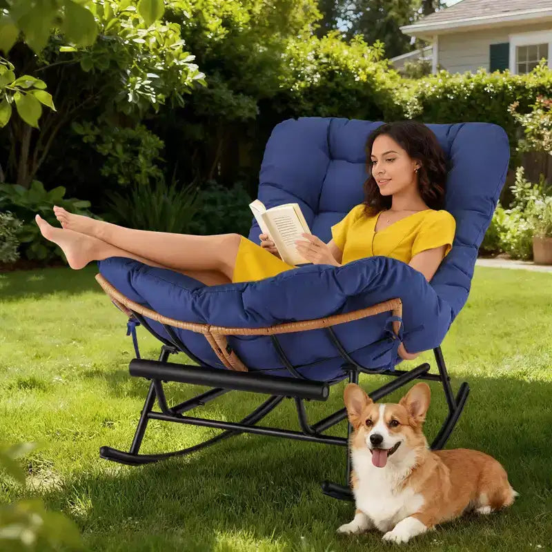 Acekool Rattan Rocking Chair with Footrest, Detachable Thick Cushion, Reading Chair for Living Room Porch Bedroom