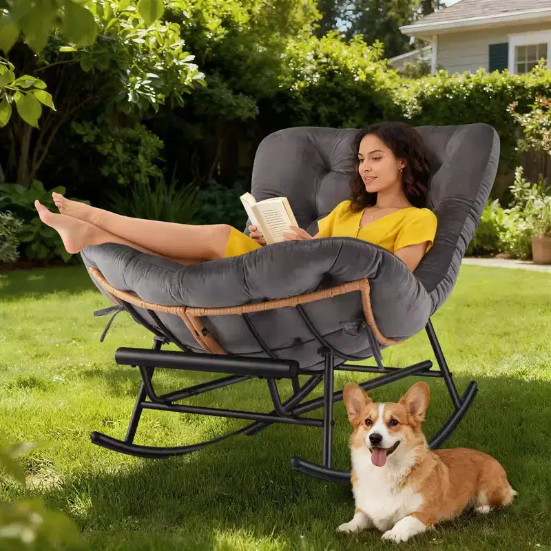 Acekool Rattan Rocking Chair with Footrest, Detachable Thick Cushion, Reading Chair for Living Room Porch Bedroom