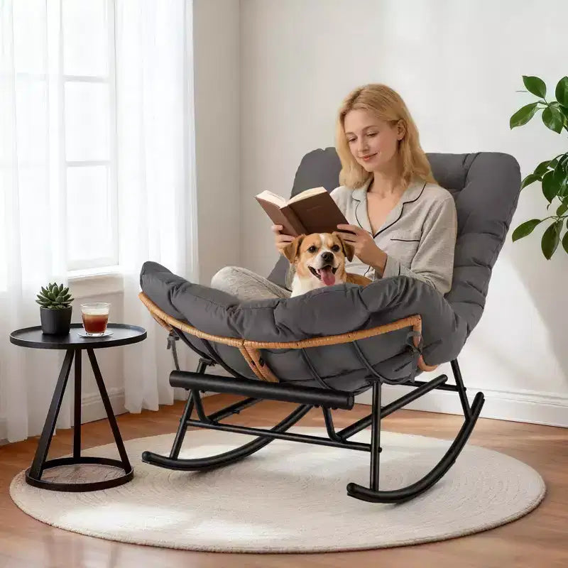 Acekool Rattan Rocking Chair with Footrest, Detachable Thick Cushion, Reading Chair for Living Room Porch Bedroom