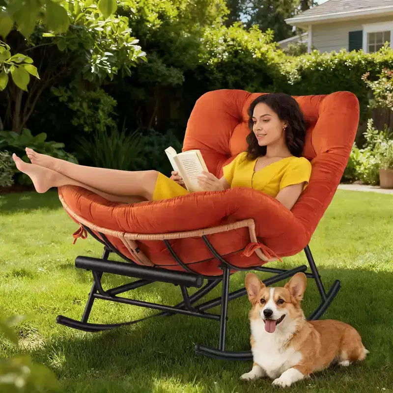 Acekool Rattan Rocking Chair with Footrest, Detachable Thick Cushion, Reading Chair for Living Room Porch Bedroom