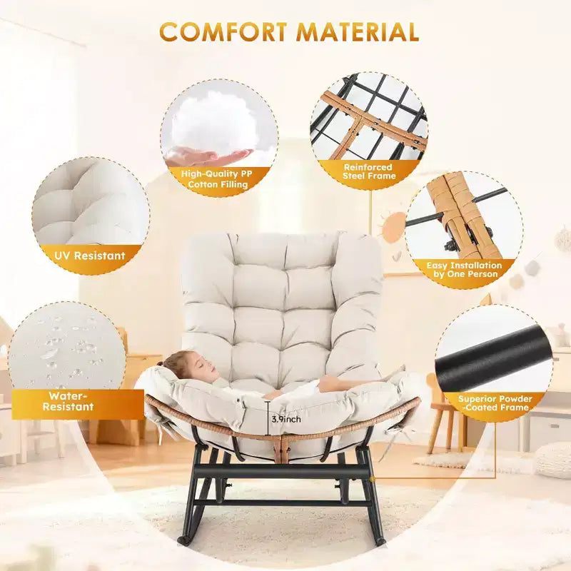 Acekool Rattan Rocking Chair with Footrest, Detachable Thick Cushion, Reading Chair for Living Room Porch Bedroom