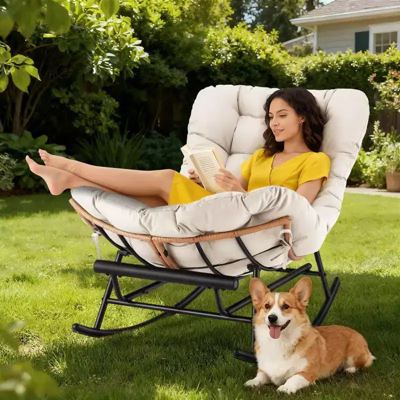 Acekool Rattan Rocking Chair with Footrest, Detachable Thick Cushion, Reading Chair for Living Room Porch Bedroom