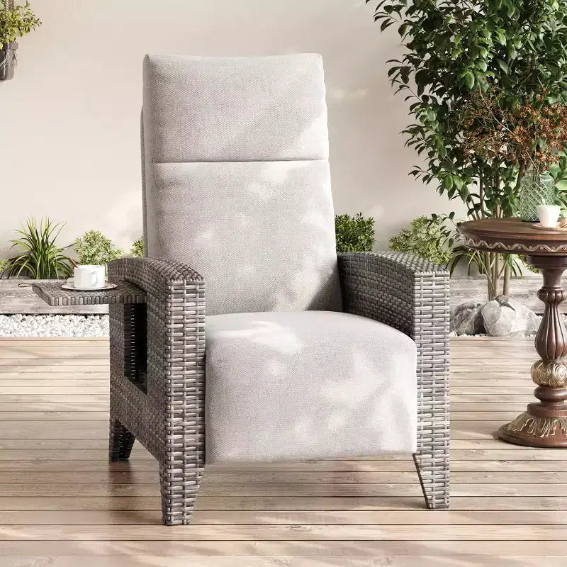 Acekool Sedia Reclinabile da Esterno in Vimini, Inclinazione a 175 Gradi con Poggiapiedi, Tavolino Laterale Ribaltabile, per Piscina, Terrazza, Balcone