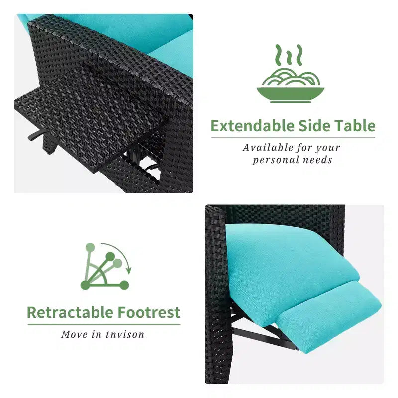 Acekool Sedia Reclinabile da Esterno in Vimini, Inclinazione a 175 Gradi con Poggiapiedi, Tavolino Laterale Ribaltabile, per Piscina, Terrazza, Balcone
