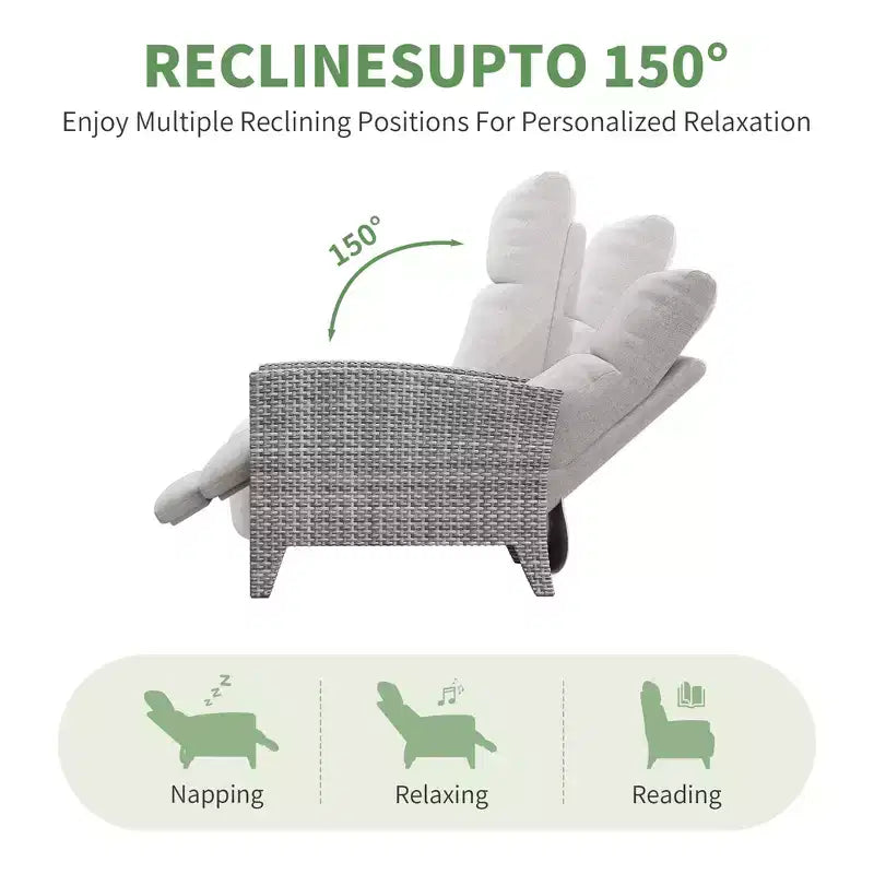 Acekool Sedia Reclinabile da Esterno in Vimini, Inclinazione a 175 Gradi con Poggiapiedi, Tavolino Laterale Ribaltabile, per Piscina, Terrazza, Balcone