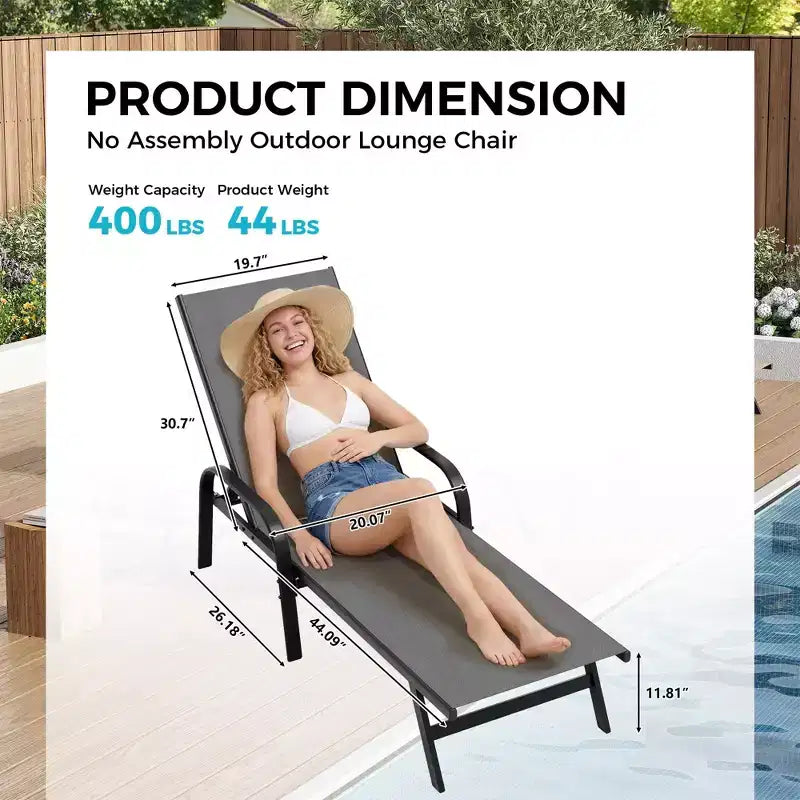 Set of 2 Outdoor Patio Chaise Lounge Chairs, 5-Position Adjustable Reclining Chairs with Textilene Fabric, Poolside Loungers for Garden & Balcony