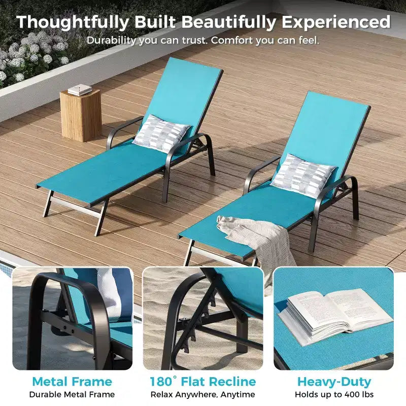 Set of 2 Outdoor Patio Chaise Lounge Chairs, 5-Position Adjustable Reclining Chairs with Textilene Fabric, Poolside Loungers for Garden & Balcony