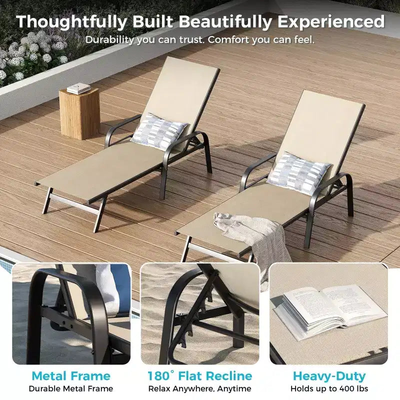 Set of 2 Outdoor Patio Chaise Lounge Chairs, 5-Position Adjustable Reclining Chairs with Textilene Fabric, Poolside Loungers for Garden & Balcony
