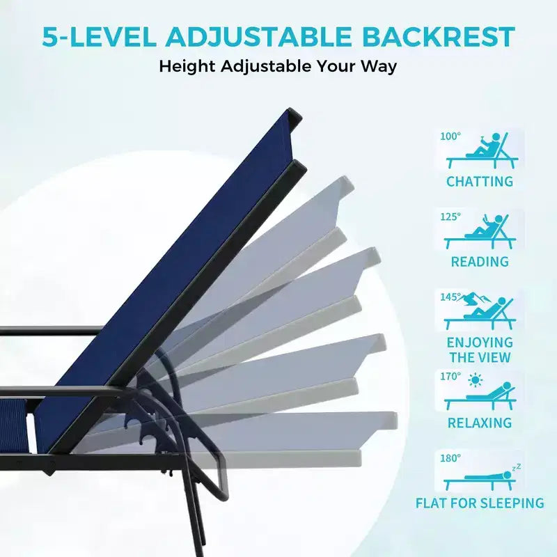 Set of 2 Outdoor Patio Chaise Lounge Chairs, 5-Position Adjustable Reclining Chairs with Textilene Fabric, Poolside Loungers for Garden & Balcony