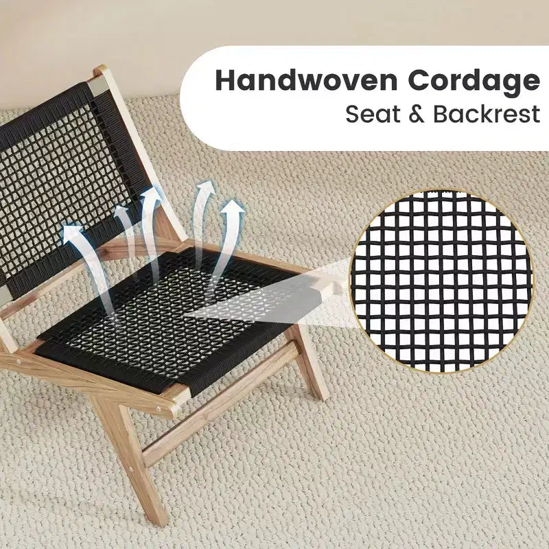 Costway 2PCS Mid Century Modern Teak Wooden w/Handwoven Cordage Seat Backrest for Patio