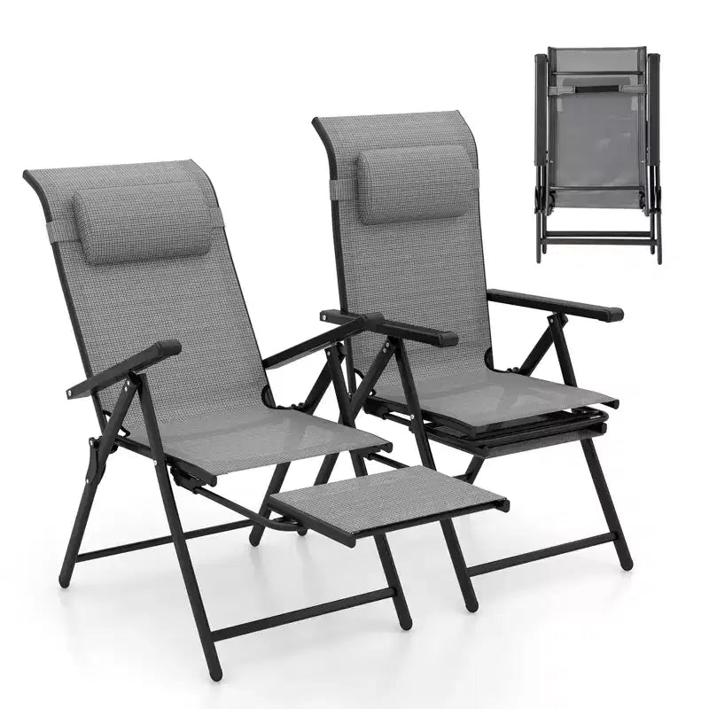 Costway Folding Patio Chairs Set of 2 Lounge Chairs w/ 10-Level Adjustable Backrests