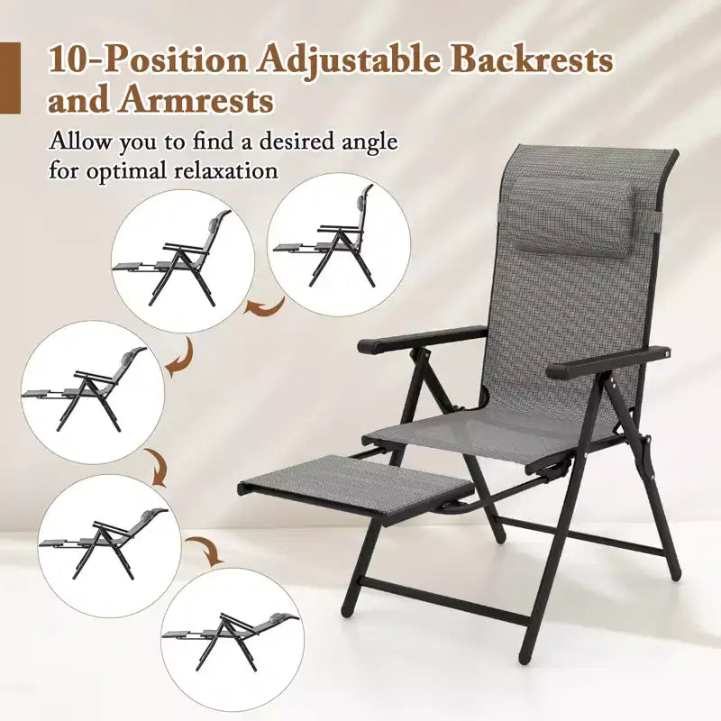 Costway Folding Patio Chairs Set of 2 Lounge Chairs w/ 10-Level Adjustable Backrests