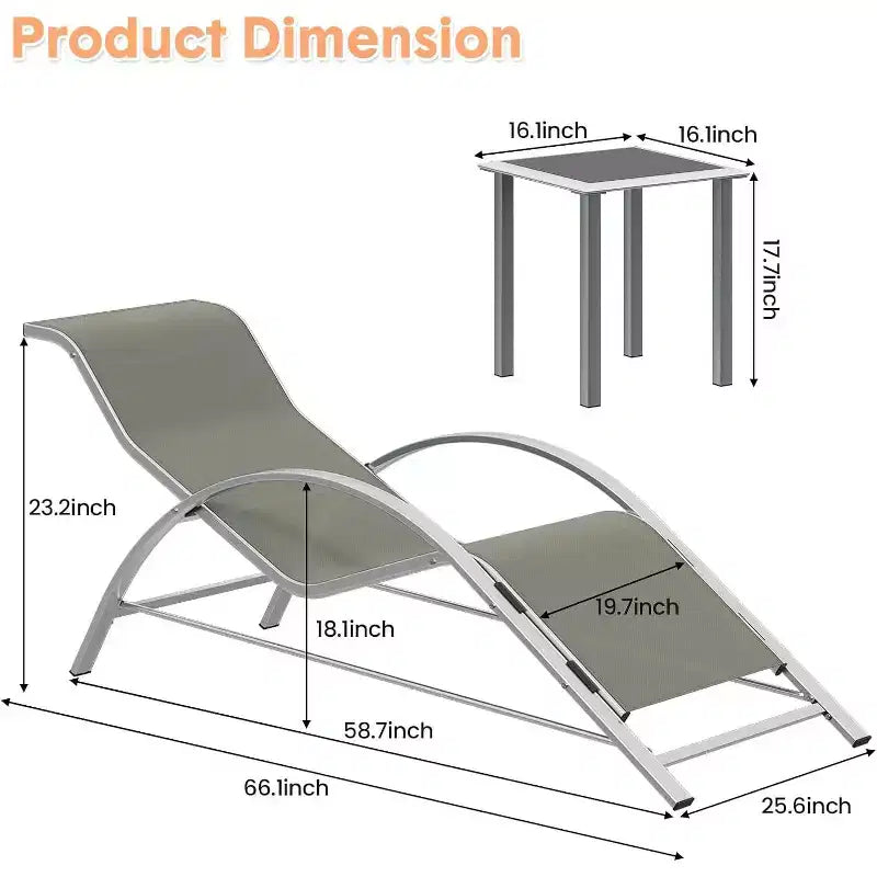 Rust-Resistant Aluminum 3 Piece Patio Lounge Chair Set, 2 Outdoor Reclining Loungers & 1 Side Table, Stackable Space-Saving for Poolside, Garden