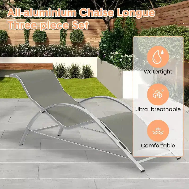 Rust-Resistant Aluminum 3 Piece Patio Lounge Chair Set, 2 Outdoor Reclining Loungers & 1 Side Table, Stackable Space-Saving for Poolside, Garden