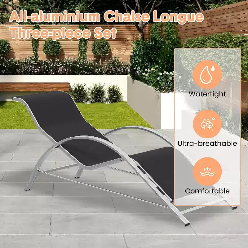 Rust-Resistant Aluminum 3 Piece Patio Lounge Chair Set, 2 Outdoor Reclining Loungers & 1 Side Table, Stackable Space-Saving for Poolside, Garden