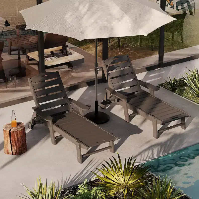 Chaise Lounge Outdoor, Lounge Chair Outdoor with Rolling Wheels, Adjustable 5-Position Backrest, HDPE Lounge Chair with Cup Holder Weather-Resistant