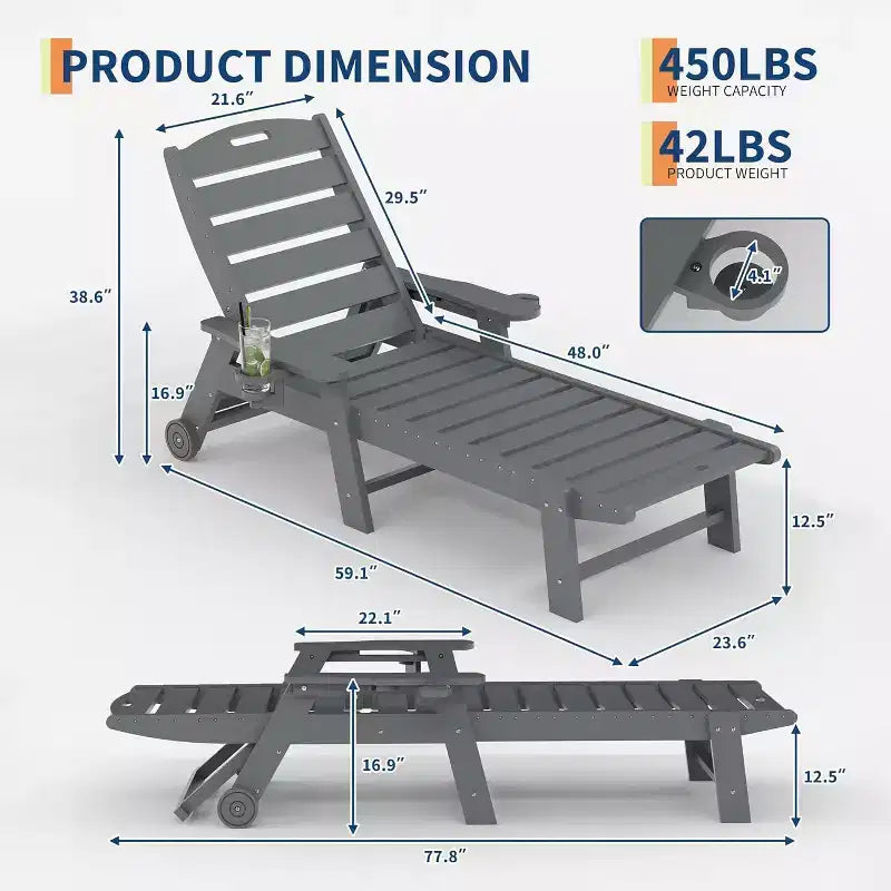 Chaise Lounge Outdoor, Lounge Chair Outdoor with Rolling Wheels, Adjustable 5-Position Backrest, HDPE Lounge Chair with Cup Holder Weather-Resistant