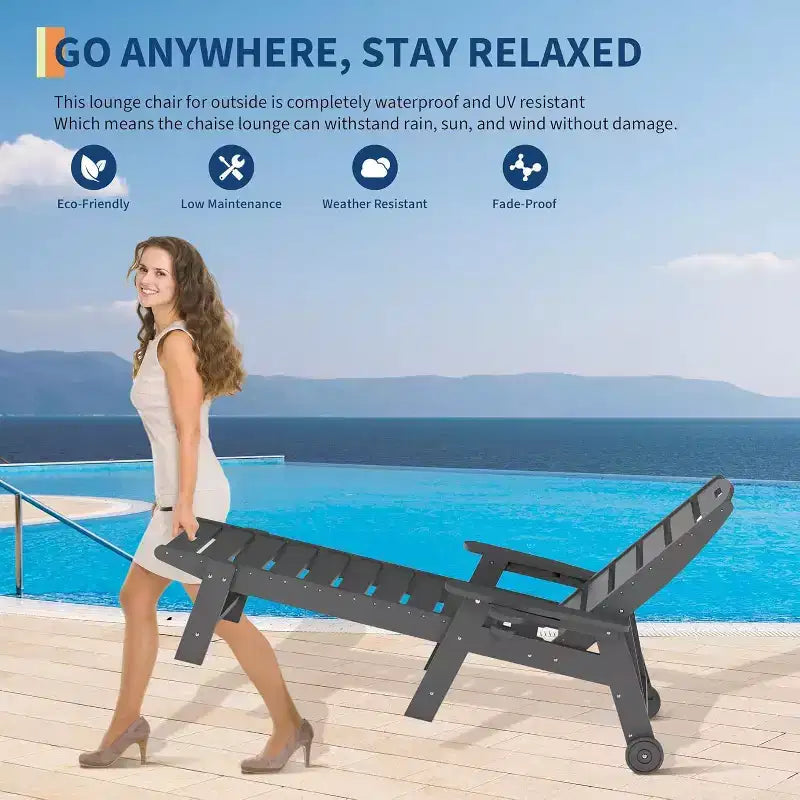 Chaise Lounge Outdoor, Lounge Chair Outdoor with Rolling Wheels, Adjustable 5-Position Backrest, HDPE Lounge Chair with Cup Holder Weather-Resistant