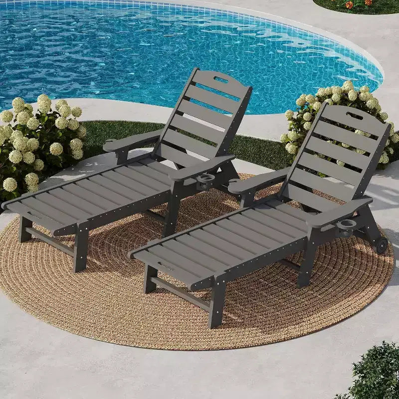 Chaise Lounge Outdoor, Lounge Chair Outdoor with Rolling Wheels, Adjustable 5-Position Backrest, HDPE Lounge Chair with Cup Holder Weather-Resistant
