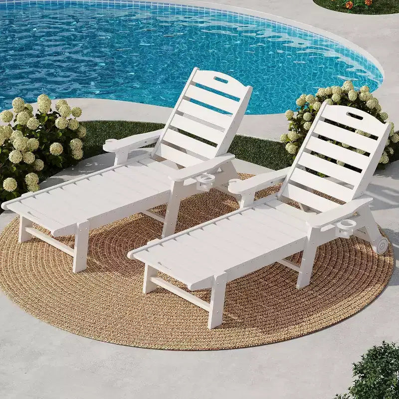 Chaise Lounge Outdoor, Lounge Chair Outdoor with Rolling Wheels, Adjustable 5-Position Backrest, HDPE Lounge Chair with Cup Holder Weather-Resistant