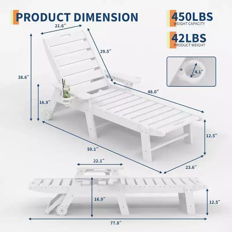 Chaise Lounge Outdoor, Lounge Chair Outdoor with Rolling Wheels, Adjustable 5-Position Backrest, HDPE Lounge Chair with Cup Holder Weather-Resistant