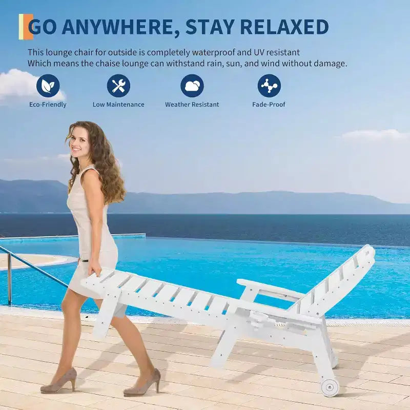 Chaise Lounge Outdoor, Lounge Chair Outdoor with Rolling Wheels, Adjustable 5-Position Backrest, HDPE Lounge Chair with Cup Holder Weather-Resistant
