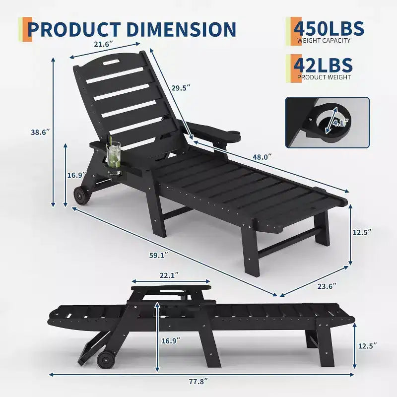 Chaise Lounge Outdoor, Lounge Chair Outdoor with Rolling Wheels, Adjustable 5-Position Backrest, HDPE Lounge Chair with Cup Holder Weather-Resistant