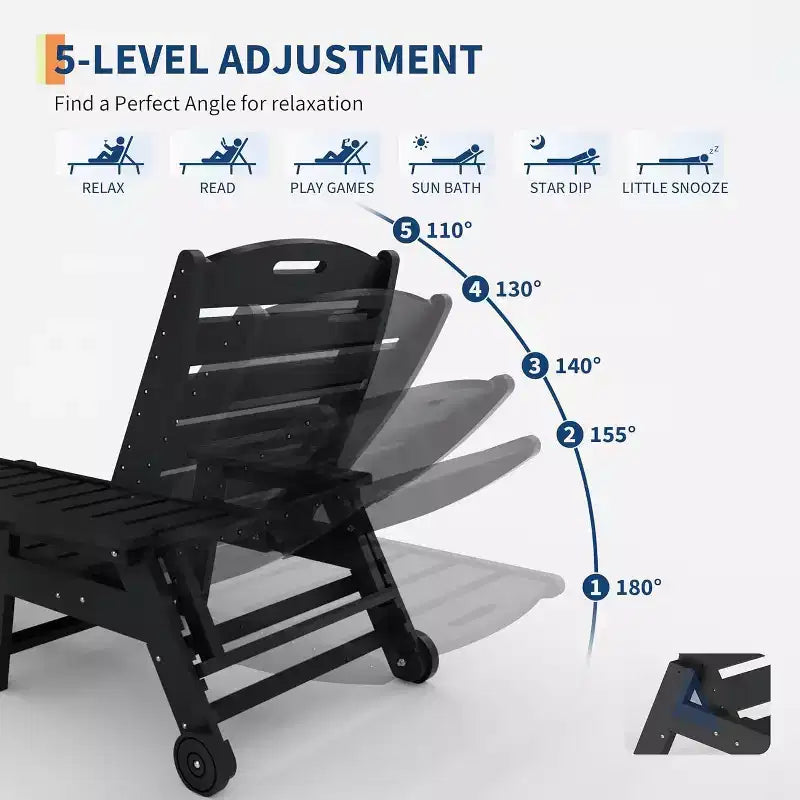 Chaise Lounge Outdoor, Lounge Chair Outdoor with Rolling Wheels, Adjustable 5-Position Backrest, HDPE Lounge Chair with Cup Holder Weather-Resistant