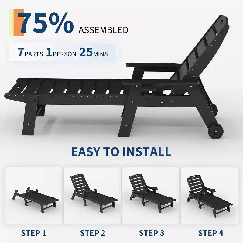 Chaise Lounge Outdoor, Lounge Chair Outdoor with Rolling Wheels, Adjustable 5-Position Backrest, HDPE Lounge Chair with Cup Holder Weather-Resistant