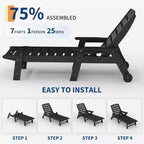 Chaise Lounge Outdoor, Lounge Chair Outdoor with Rolling Wheels, Adjustable 5-Position Backrest, HDPE Lounge Chair with Cup Holder Weather-Resistant