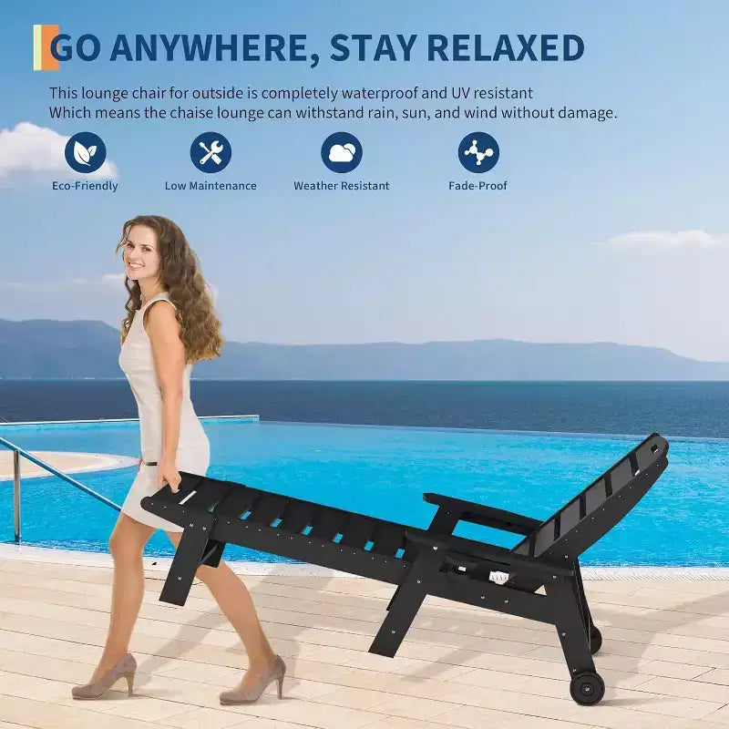 Chaise Lounge Outdoor, Lounge Chair Outdoor with Rolling Wheels, Adjustable 5-Position Backrest, HDPE Lounge Chair with Cup Holder Weather-Resistant