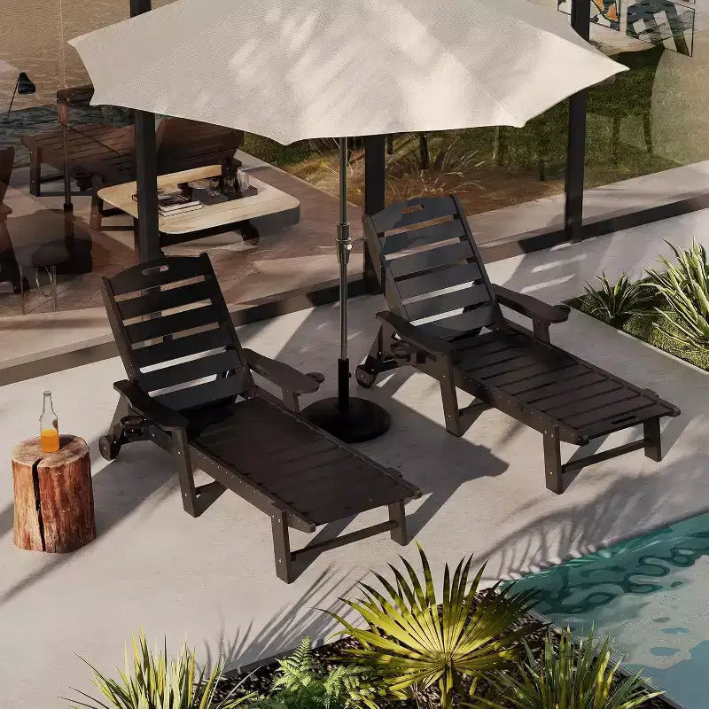 Chaise Lounge Outdoor, Lounge Chair Outdoor with Rolling Wheels, Adjustable 5-Position Backrest, HDPE Lounge Chair with Cup Holder Weather-Resistant