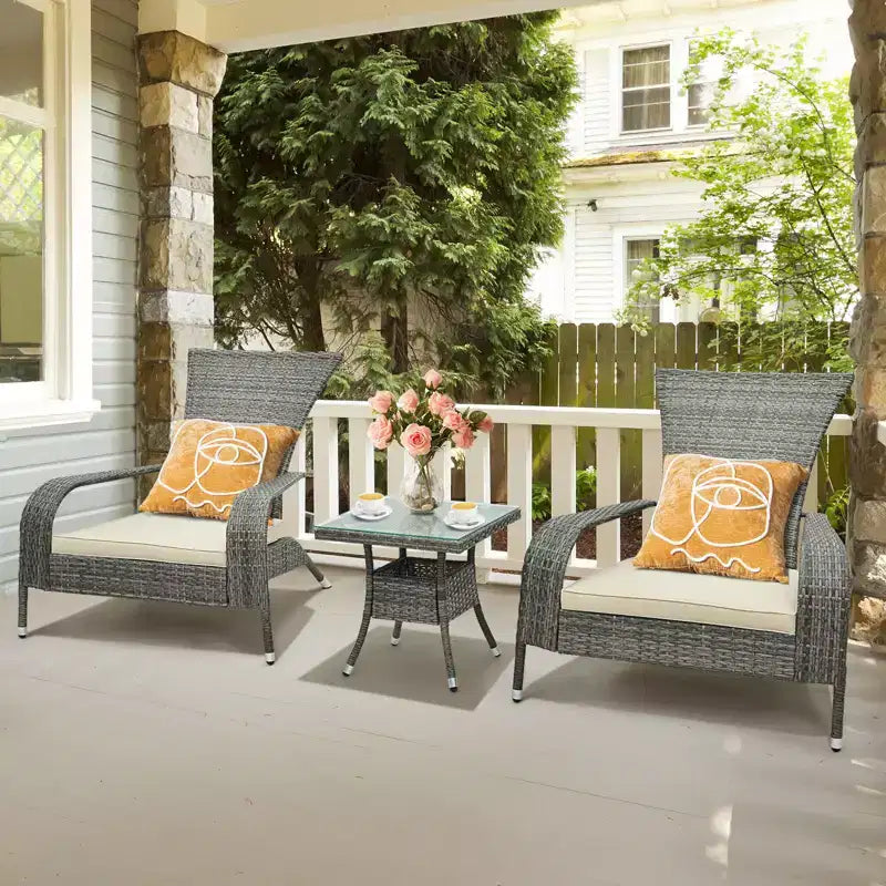 Costway 3-Piece Wicker Adirondack Set Ergonomic Oversized Rattan Chairs w/ Coffee Table Comfy Seat Cushions