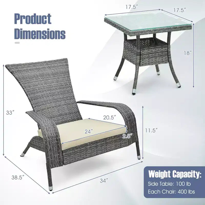 Costway 3-Piece Wicker Adirondack Set Ergonomic Oversized Rattan Chairs w/ Coffee Table Comfy Seat Cushions