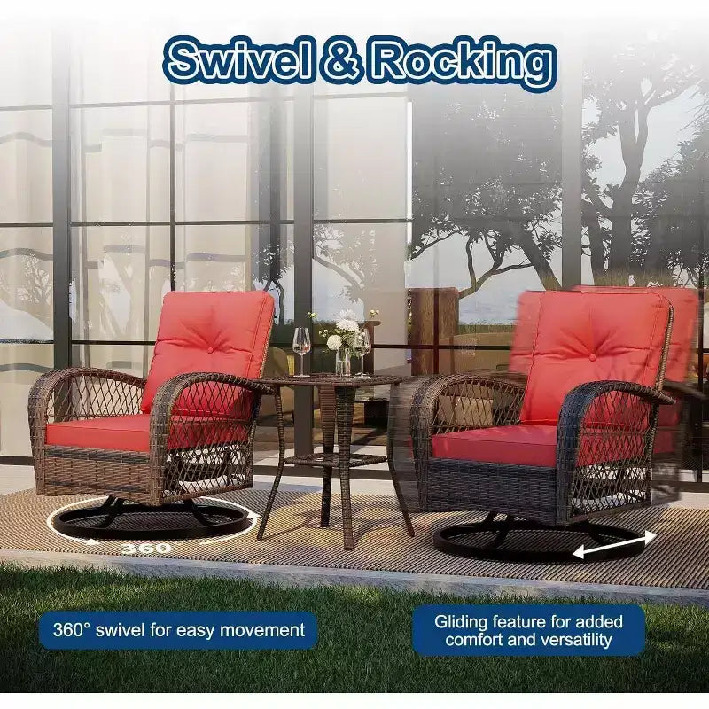 Set da 3 mobili da giardino in vimini, Sedie a dondolo girevoli da esterno con tavolino, Sedie a dondolo girevoli a 360° con 4 cuscini spessi per veranda, terrazza, Rosso