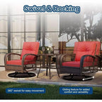 Set da 3 mobili da giardino in vimini, Sedie a dondolo girevoli da esterno con tavolino, Sedie a dondolo girevoli a 360° con 4 cuscini spessi per veranda, terrazza, Rosso