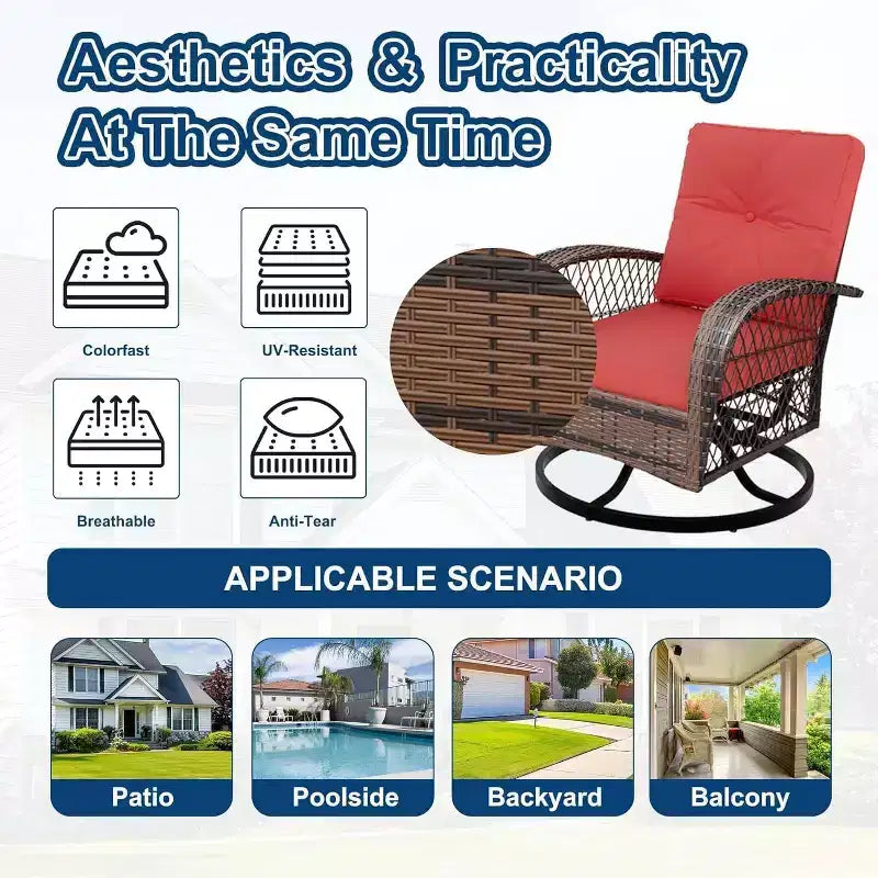 Set da 3 mobili da giardino in vimini, Sedie a dondolo girevoli da esterno con tavolino, Sedie a dondolo girevoli a 360° con 4 cuscini spessi per veranda, terrazza, Rosso