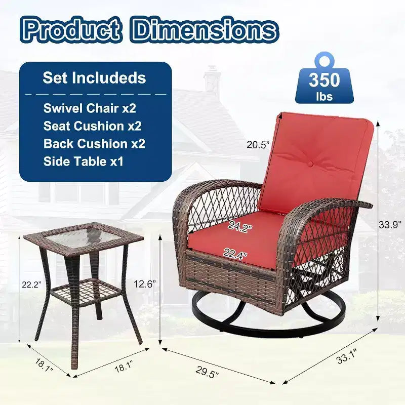 Set da 3 mobili da giardino in vimini, Sedie a dondolo girevoli da esterno con tavolino, Sedie a dondolo girevoli a 360° con 4 cuscini spessi per veranda, terrazza, Rosso