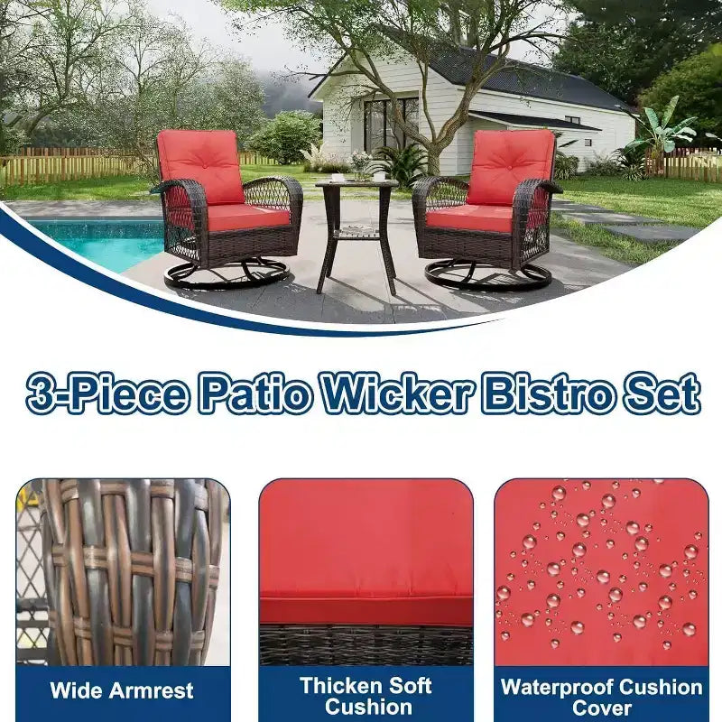 Set da 3 mobili da giardino in vimini, Sedie a dondolo girevoli da esterno con tavolino, Sedie a dondolo girevoli a 360° con 4 cuscini spessi per veranda, terrazza, Rosso