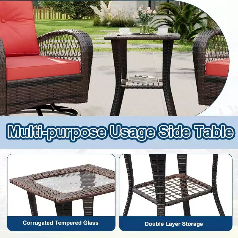 Set da 3 mobili da giardino in vimini, Sedie a dondolo girevoli da esterno con tavolino, Sedie a dondolo girevoli a 360° con 4 cuscini spessi per veranda, terrazza, Rosso